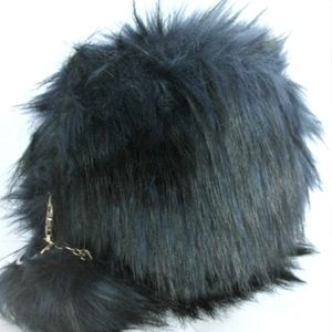 New Blue & Black Faux Fur Clutch Bag w Keychain